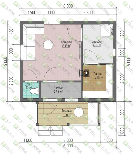 Каркасная баня Елена 6x5